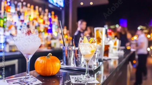 Halloween zombie-themed pub crawl in an American city glowing pumpkins on the bar counters