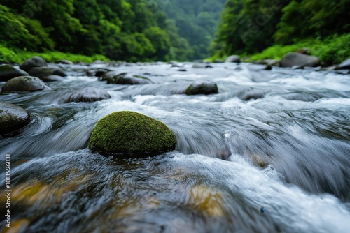 Serene mountain stream flowing rapidly through a lush verdant evergreen forest landscape with mossy rocks and dense foliage The dynamic rushing water creates a peaceful