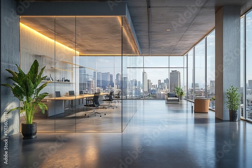 Modern open office space with a separate glass-walled meeting room, large windows, gray floor, and urban cityscape background. Office design concept. 3D, Generative AI