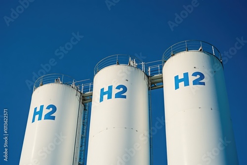 Three large storage tanks labeled "H2" against a clear blue sky.