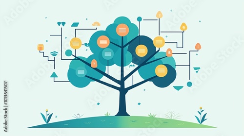 visually appealing tree diagram representing decision trees with various options and pathways. design features vibrant colors and clean layout, ideal for illustrating complex choices