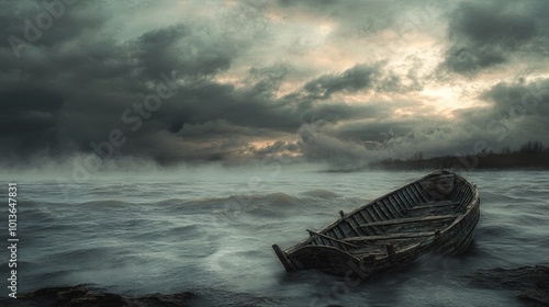 Shipwreck Remnants in Storm Aftermath, desolate ocean scene, remnants of a boat, brooding sky, post-apocalyptic atmosphere, desaturated tones