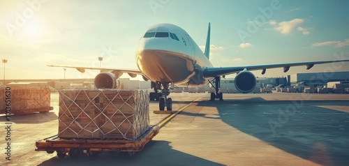 Cargo airplane at sunset, ready for loading with freight pallets.