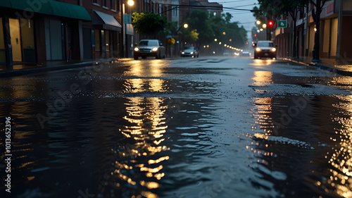 A wet city street at dusk, reflecting streetlights and car headlights on the rain-soaked pavement, creating a moody urban scene.