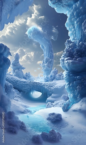 42. A mesmerizing 3D scene depicting an abstract winter environment, filled with whimsical ice sculptures and a tranquil, surreal backdrop that invites exploration