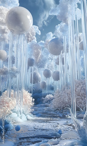 42. A mesmerizing 3D scene depicting an abstract winter environment, filled with whimsical ice sculptures and a tranquil, surreal backdrop that invites exploration