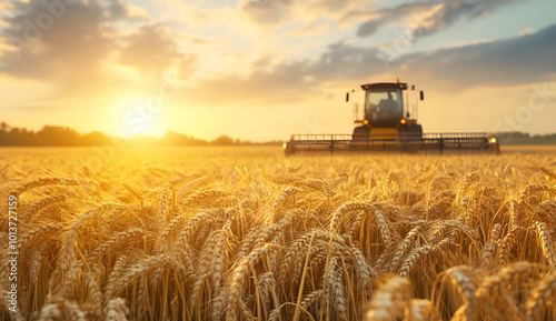 Sunset Wheat Harvesting with Combine Harvester in Golden Field design, Summer Agriculture Scene, Rural Farm Landscape design