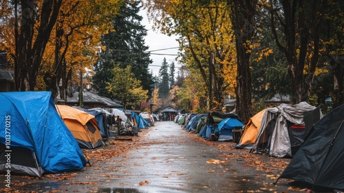 Homeless Tents Lined Along City Street in Autumn