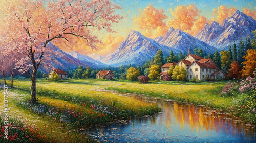 Beautiful idyllic view, oil painting of rural landscape with green fields.