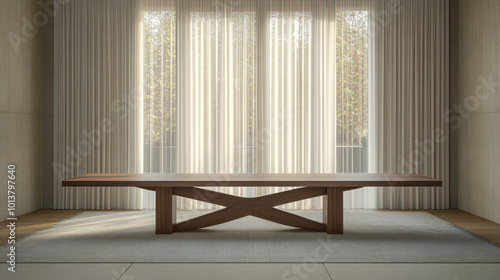 Minimalist wooden table in a bright room with large windows and sheer curtains