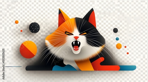 Vivid Calico Cat with Expressive Wrinkled Brow and Bared Teeth in Energetic Stance Displayed in a Minimal Transparent Setting with Subtle Colorful Accents Portraying a Humorous Cartoon like Aesthetic