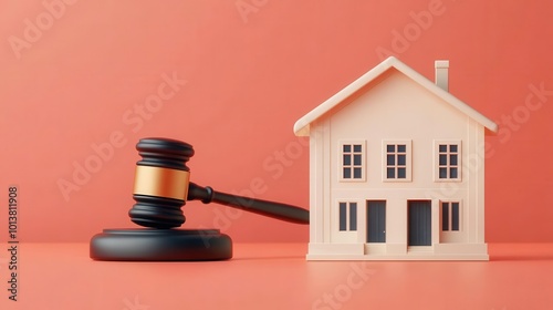 Concept of real estate law featuring a gavel and a house model on a colorful background, symbolizing property ownership and auction.