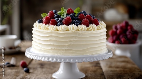 A white cake with vanilla frosting, decorated with fresh raspberries and blueberries, on a white cake stand, on a wooden table.