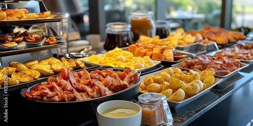 A breakfast buffet table with scrambled eggs, bacon, potatoes, pastries, and more.