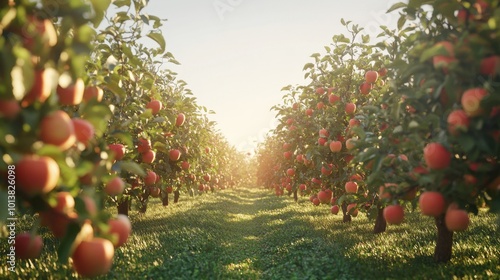 Lush apple trees heavy with ripe fruit stretch out into the horizon, bathed in warm sunlight, showcasing the bounty of the orchard.