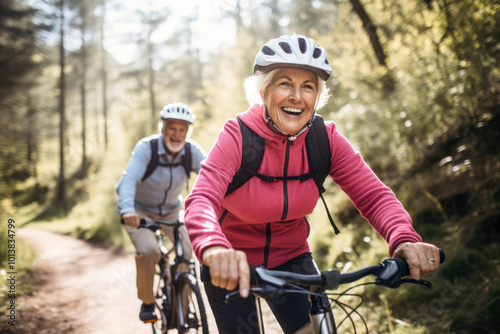 an elderly husband and wife pedal side by side, reveling in the simple pleasure of cycling together on a beautiful autumn day.