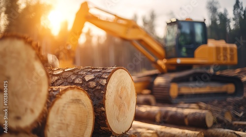 Excavator working in a lumber yard during sunset, highlighting logs and machinery on a serene landscape.