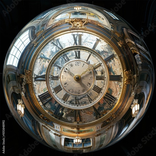 A close-up of a grand, ornate clock with Roman numerals and detailed engravings, ideal for usage in historical, vintage, or time-related themes