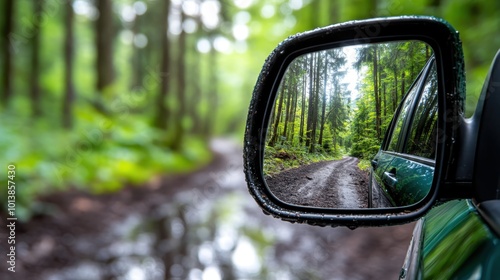 A vehicle's rearview mirror captures a scenic muddy forest path under wet conditions, highlighting the serene beauty of nature through reflection and perspective.