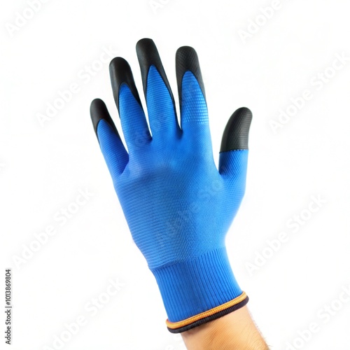 Single blue safety glove with black fingertips designed for protection and grip