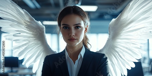 female angel executive wearing business suit in corporate office 