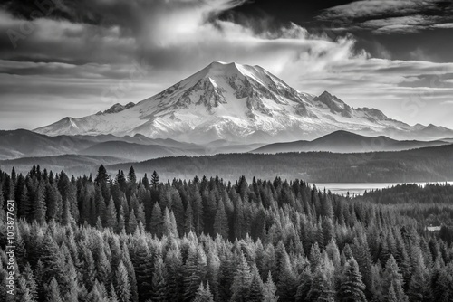 Black and white photograph of Mt Rainier towering above Puget Sound forests Panoramic