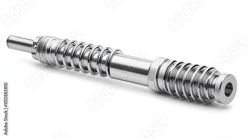 A close-up of a shiny, metal spring-loaded component with a threaded end isolated against a white background.