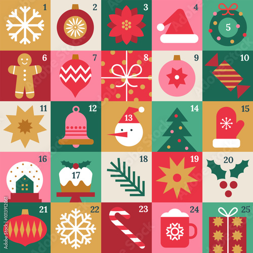 Christmas Advent calendar with geometric holiday icons. Merry Christmas poster, template, banner, card with Xmas elements in modern minimalist style. Vector flat illustration.