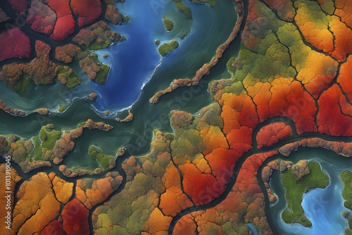 Aerial view perpendicular top down of an abstract colorful river along the coastline, AI generated