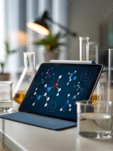 Una tableta digital en un laboratorio que muestra estructuras moleculares 