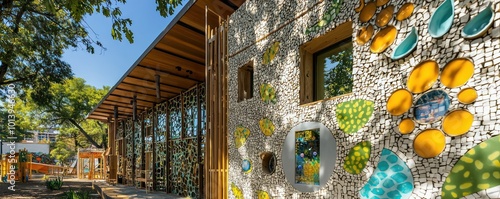 A close-up of a community center built with recycled materials, featuring a facade that incorporates interactive art elements for local engagement