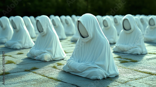 A serene assembly of faceless figures in white robes seated in contemplation amidst nature.