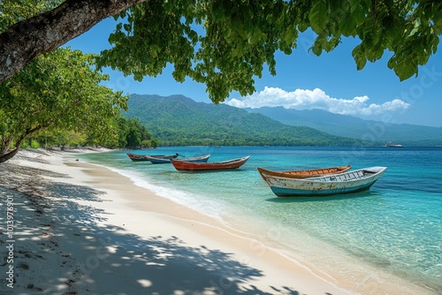 Colorful wooden boats floating on calm turquoise water near tropical island beach