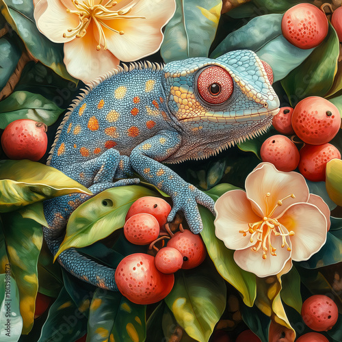 Illustration of a Chameleon Blending into a Colorful Shade