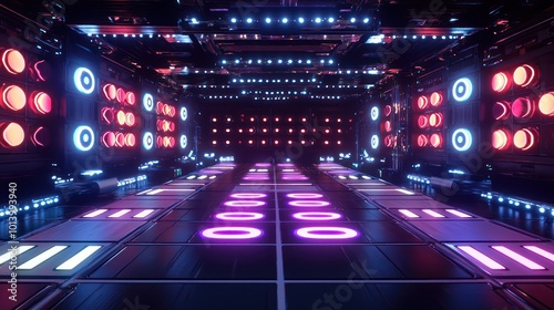 A futuristic nightclub with illuminated dance floors and reactive wall lights that change with the beats of the music