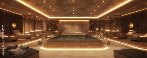 A high-end spa with ceiling recessed lights that emit a gentle, calming glow, perfectly synchronized with the spaa??s serene music to enhance relaxation