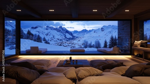 A home theater with tiered LED backlighting behind the screen, enhancing the viewing experience by providing ambient light that reduces eye strain