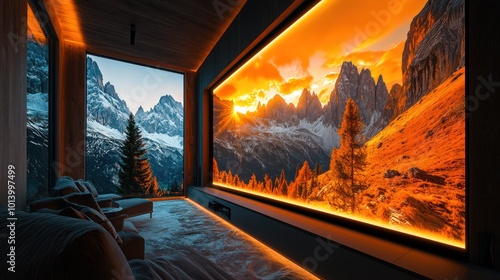 A home theater with tiered LED backlighting behind the screen, enhancing the viewing experience by providing ambient light that reduces eye strain