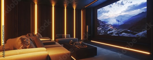 A private cinema room with ambient backlighting that enhances the overall movie-watching experience, providing comfort without interfering with the screen