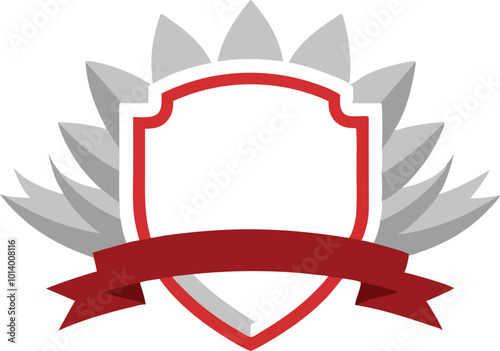 Vector shield emblem with red ribbon and silver feather design for logo or branding