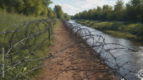 Along the riverbanks, barbed wire entanglements stretch for miles, impeding any attempts at crossing and creating a formidable barrier to enemy advancement, Generative AI