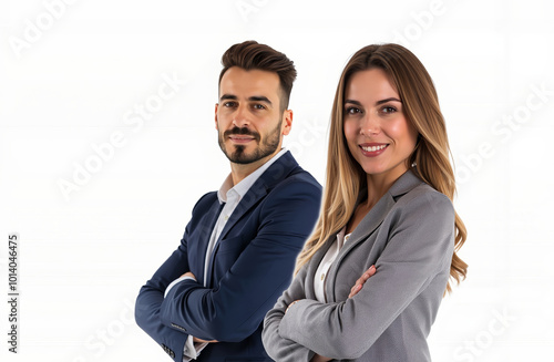 A man and a woman standing next to each other with their arms crossed