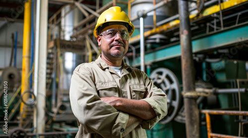 A man wearing a hard hat and safety glasses standing in front of a machine