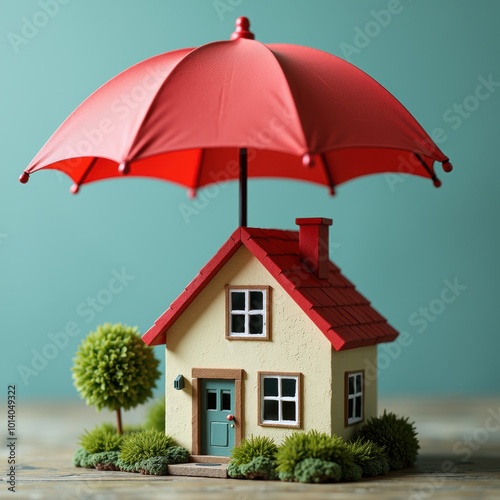 A whimsical representation of a house protected by a red umbrella, symbolizing safety and security in real estate and insurance concepts.