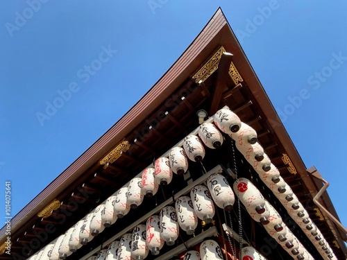 Lanterns on the roof of a Japanese Shinto shrine 