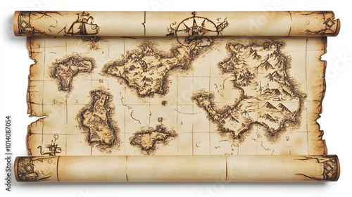 Vintage pirate treasure map rolled out on white background, showcasing detailed drawings of islands and treasure locations, perfect for adventure themes and historical design elements