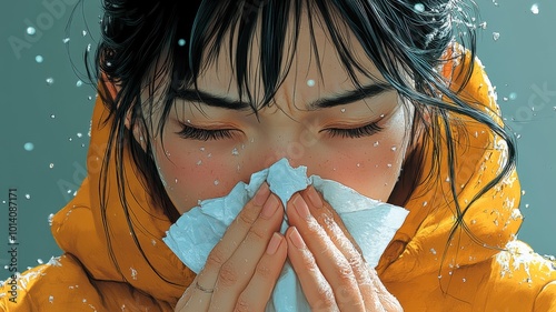 An illustration of a person sneezing into a tissue, with visible lines or small puffs of air to indicate the action