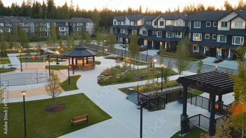 Well-maintained residential community with park and playground at sunset