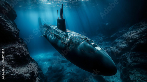 Military submarine patrolling dark ocean deep underwater