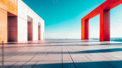 Vibrant architectural contrast: sleek white building meets bold red structure on expansive terrace overlooking serene horizon, creating striking visual harmony.